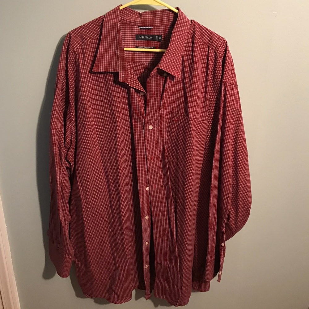 Nautica Button Collar Deep Red Checked Dress Shirt, Men’s 4X